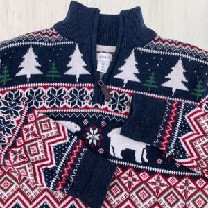 Aspen Mens Fair Isle Polar Bear Quarter Zip Sweater Navy Blue Cotton Large